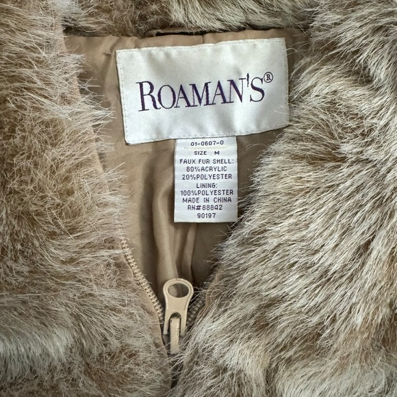 Roaman's Vintage Faux Fur Jacket Beige Long Sleeve Full Zip Pockets Medium - Picture 3 of 15